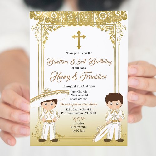 Gold Charro Mexican Twin Baptism  Third Birthday Invitation