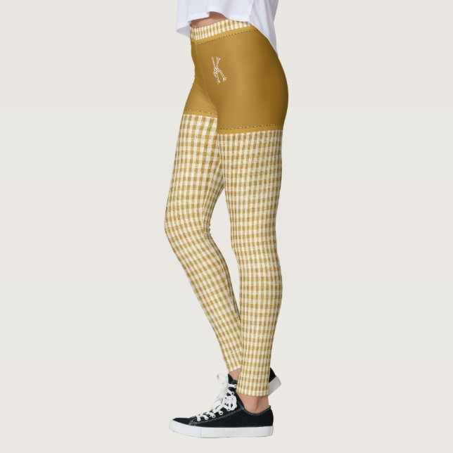 Gold Checkered Fabric Print Monogram Personalized Leggings (Left)