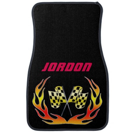 Gold Checkered Flag And Flames Car Floor Mat