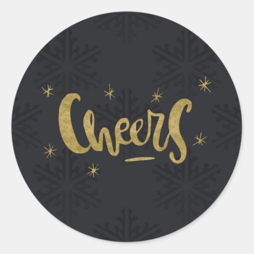 Gold CHEER Modern Holiday Winter Black Snowflakes Classic Round Sticker
