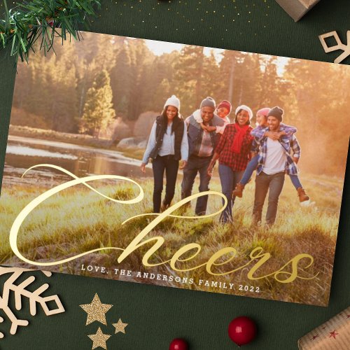 Gold Cheers  Christmas Classic Family Photo Foil Holiday Card
