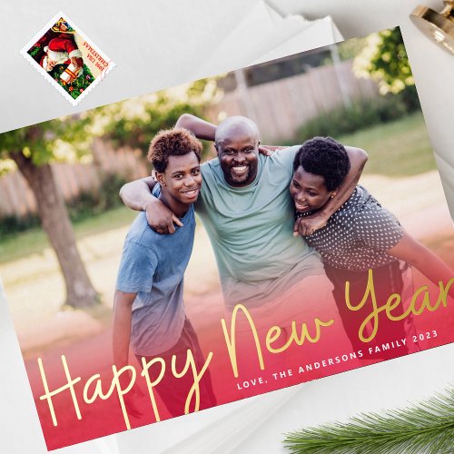 GOLD CHEERS  Red Gradient HAPPY NEW YEAR Photo Foil Holiday Card