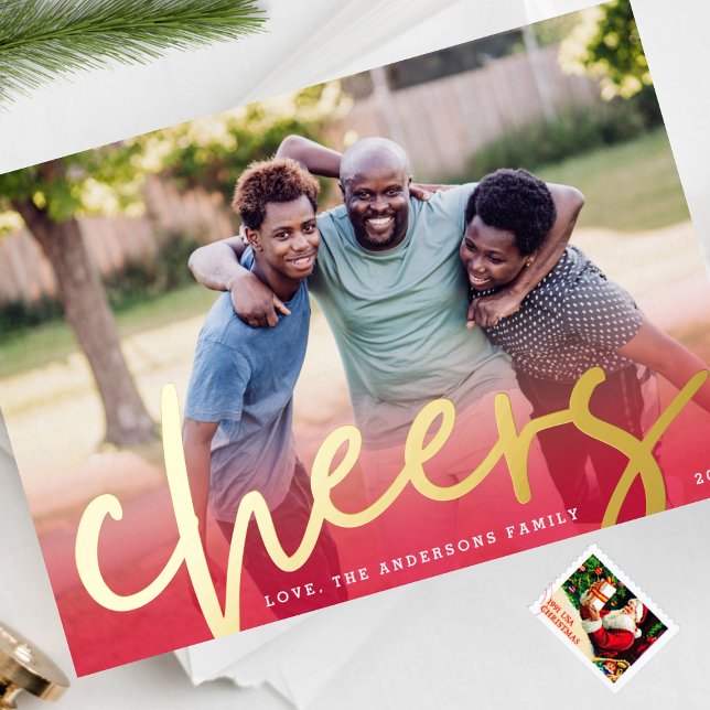 GOLD CHEERS | Red Gradient Merry Christmas Photo Foil Holiday Card (Creator Uploaded)