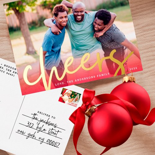 GOLD CHEERS  Red Gradient Merry Christmas Photo Foil Holiday Postcard