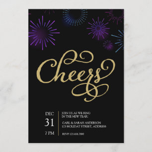 Gold Cheers Script & Blue Purple Fireworks Invitation