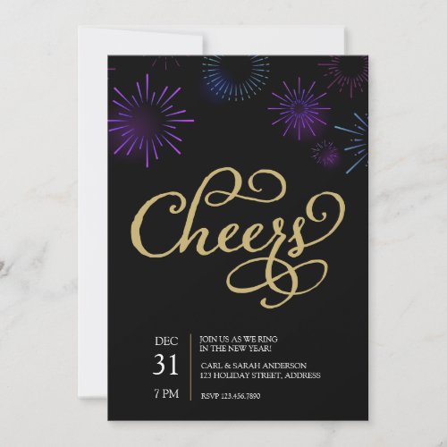 Gold Cheers Script  Blue Purple Fireworks Invitation