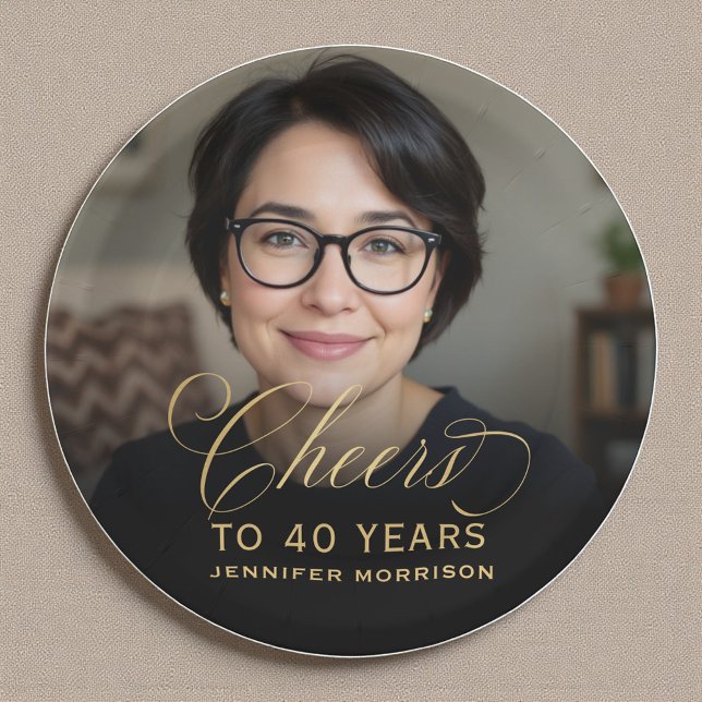 Gold Cheers to 40 Years Custom Photo Birthday Paper Plates (Creator Uploaded)
