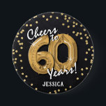 Gold Cheers to 60 Years' 60th Birthday Button<br><div class="desc">Toast to 60 years with our custom Black & Gold birthday button! This design showcases a charming chalkboard backdrop adorned with faux gold helium balloons in the age '60' with elegant white script,  and a dazzling gold glitter confetti border. The perfect accessory for any 60th birthday celebration!</div>
