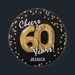 Gold Cheers to 60 Years' 60th Birthday Button<br><div class="desc">Toast to 60 years with our custom Black & Gold birthday button! This design showcases a charming chalkboard backdrop adorned with faux gold helium balloons in the age '60' with elegant white script,  and a dazzling gold glitter confetti border. The perfect accessory for any 60th birthday celebration!</div>