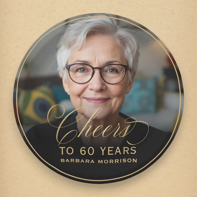Gold Cheers to 60 Years Custom Photo Birthday Paper Plates (Creator Uploaded)