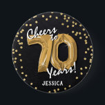 Gold Cheers to 70 Years' 70th Birthday Button<br><div class="desc">Toast to 70 years with our custom Black & Gold birthday button! This design showcases a charming chalkboard backdrop adorned with faux gold helium balloons in the age '70' with elegant white script,  and a dazzling gold glitter confetti border. The perfect accessory for any 70th birthday celebration!</div>