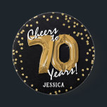 Gold Cheers to 70 Years' 70th Birthday Button<br><div class="desc">Toast to 70 years with our custom Black & Gold birthday button! This design showcases a charming chalkboard backdrop adorned with faux gold helium balloons in the age '70' with elegant white script,  and a dazzling gold glitter confetti border. The perfect accessory for any 70th birthday celebration!</div>