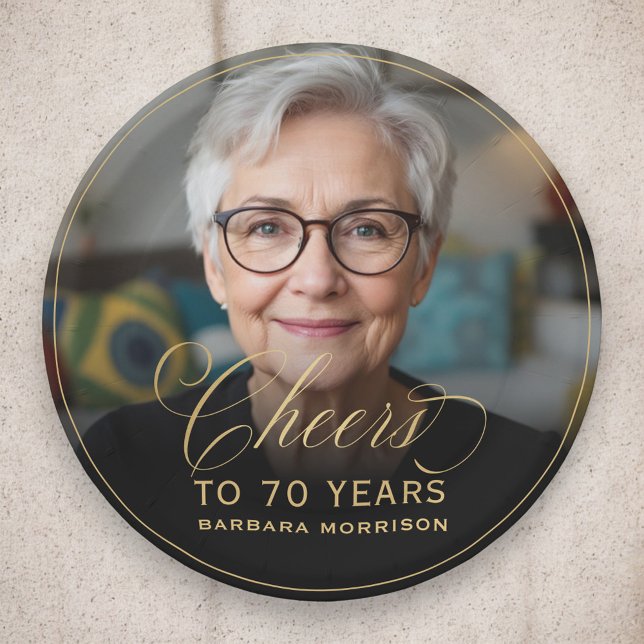 Gold Cheers to 70 Years Custom Photo Birthday Paper Plates (Creator Uploaded)
