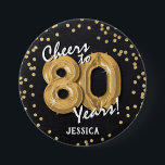 Gold Cheers to 80 Years' 80th Birthday Button<br><div class="desc">Toast to 80 years with our custom Black & Gold birthday button! This design showcases a charming chalkboard backdrop adorned with faux gold helium balloons in the age '80' with elegant white script,  and a dazzling gold glitter confetti border. The perfect accessory for any 80th birthday celebration!</div>