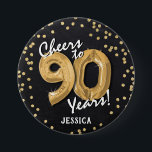 Gold Cheers to 90 Years' 90th Birthday Button<br><div class="desc">Toast to 90 years with our custom Black & Gold birthday button! This design showcases a charming chalkboard backdrop adorned with faux gold helium balloons in the age '90' with elegant white script,  and a dazzling gold glitter confetti border. The perfect accessory for any 90th birthday celebration!</div>