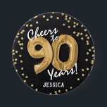Gold Cheers to 90 Years' 90th Birthday Button<br><div class="desc">Toast to 90 years with our custom Black & Gold birthday button! This design showcases a charming chalkboard backdrop adorned with faux gold helium balloons in the age '90' with elegant white script,  and a dazzling gold glitter confetti border. The perfect accessory for any 90th birthday celebration!</div>