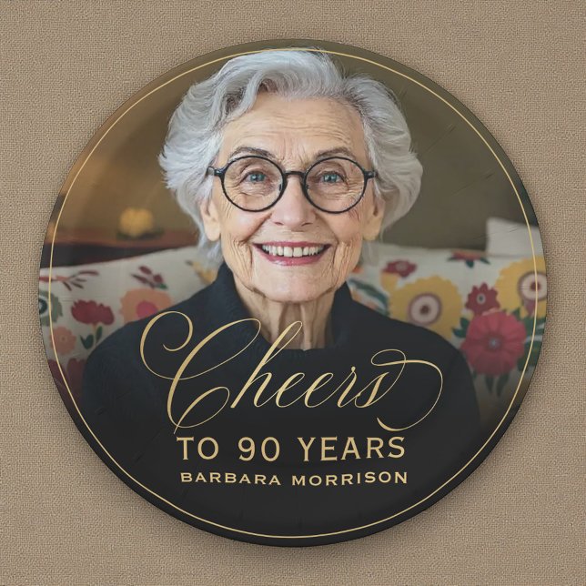 Gold Cheers to 90 Years Custom Photo Birthday Paper Plates (Creator Uploaded)