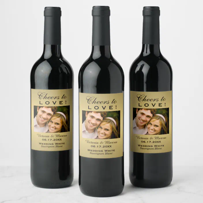 Gold Cheers to Love Wedding Photo Bottle Favor Wine Label | Zazzle.com