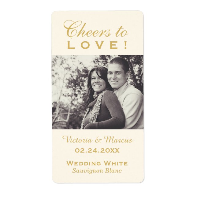 Gold Cheers to Love Wedding Photo Wine Bottle Label (Front)