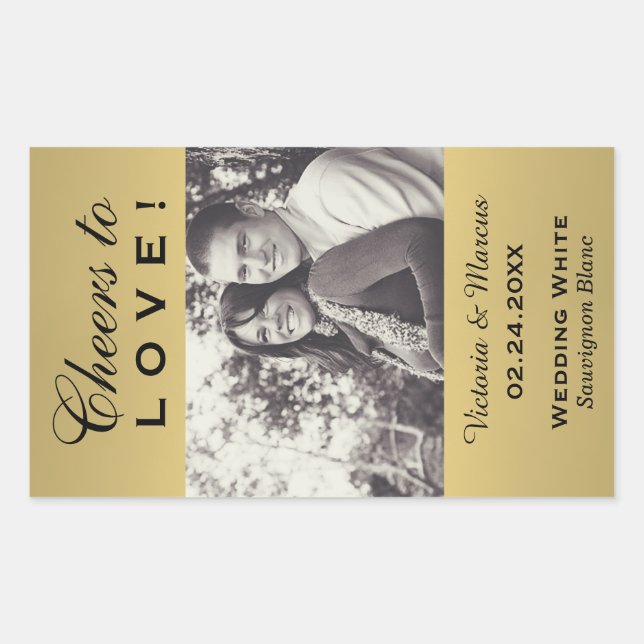 Gold Cheers to Love Wedding Photo Wine Bottle Rectangular Sticker (Front)