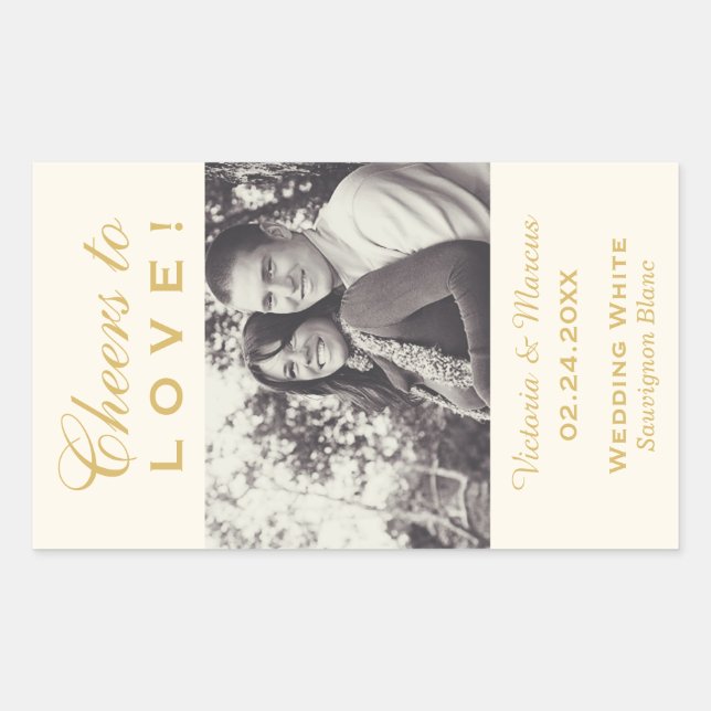 Gold Cheers to Love Wedding Photo Wine Bottle Rectangular Sticker (Front)
