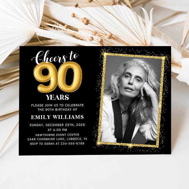 Gold Cheers to Ninety Years 90th Birthday Photo Invitation (Creator Uploaded)