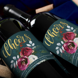 Gold Cheers Winter Roses Christmas Corporate Gift Wine Label