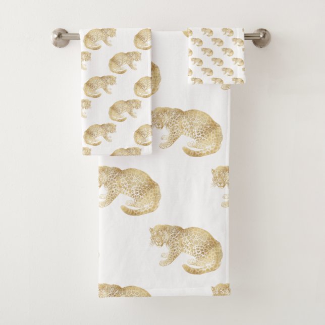 GOLD CHEETAH JUNGLE WHITE BATHROOM TOWEL SET (Insitu)