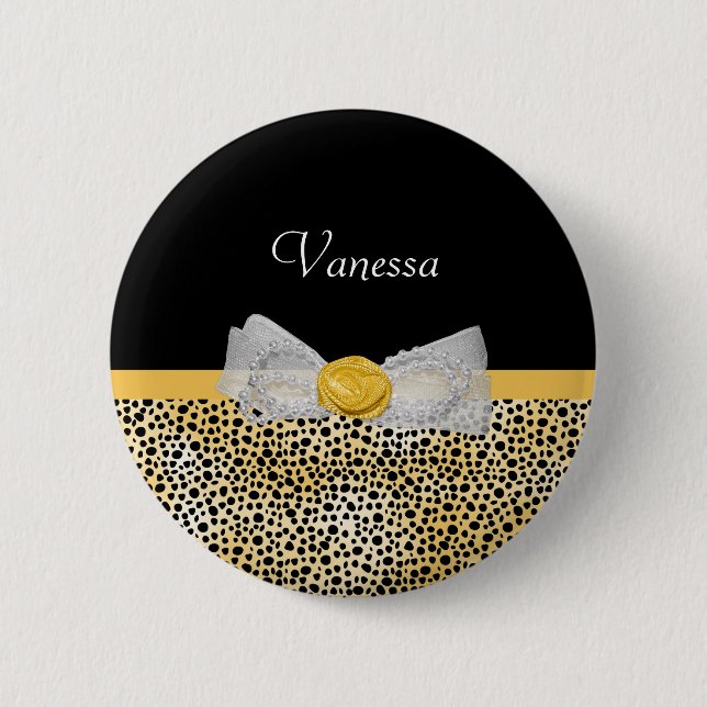 Gold Cheetah Print Glam Bow Black Yellow Pattern Button (Front)