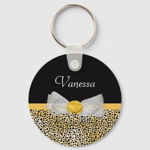 Gold Cheetah Print Glam Bow Black Yellow Pattern Keychain