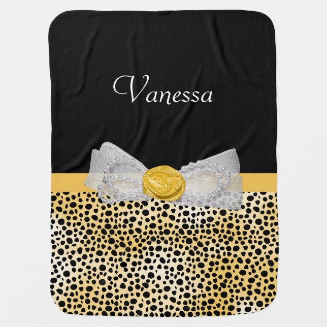 Gold Cheetah Print Glam Bow Black Yellow Pattern Swaddle Blanket (Front)