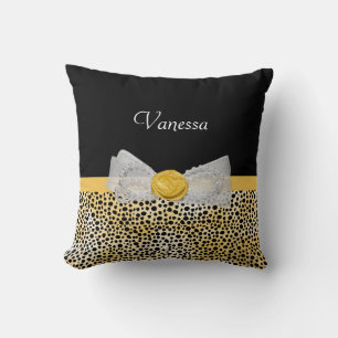 Gold Cheetah Print Glam Bow Black Yellow Pattern Throw Pillow