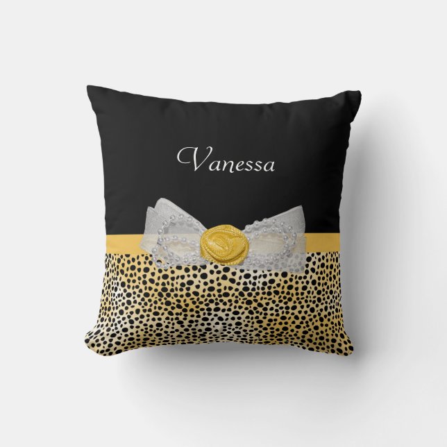 Gold Cheetah Print Glam Bow Black Yellow Pattern Throw Pillow (Front)