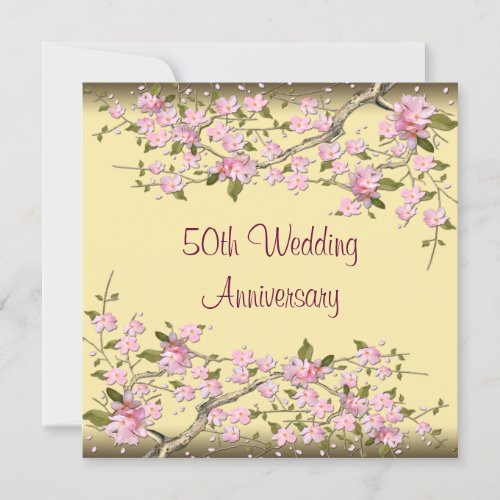 Gold Cherry Blossom 50th Anniversary Party Custom Announcements