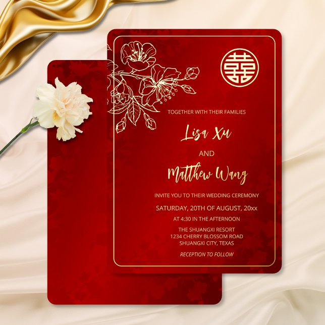 Gold Cherry Blossom Chinese Wedding Foil Invitation (Creator Uploaded)