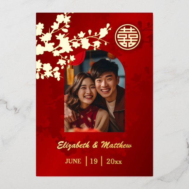Gold Cherry Blossom Red | Chinese Wedding | Photo Foil Invitation (Front)