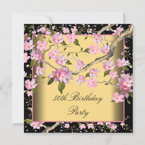 Gold Cherry Blossom Womans 50th Birthday Party Invite