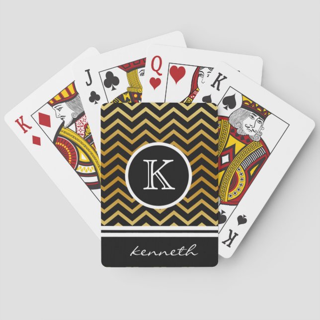 Gold Chevron Black Monogram Name Custom Poker Cards (Back)