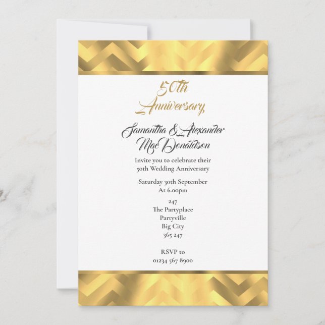 Gold chevron border 50th wedding anniversary invitation (Front)