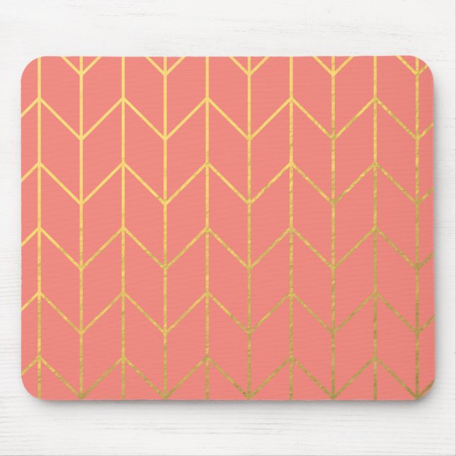 Gold Chevron Coral Pink Background Modern Chic Mouse Pad (Front)