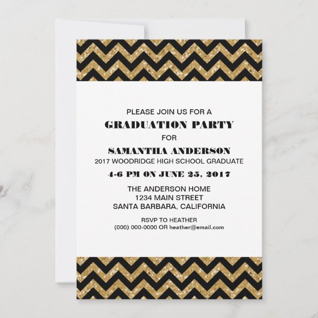 Gold Chevron Glitter Graduation Party Invite (Front)