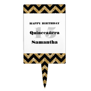 Gold Chevron Glitter Quinceañera Cake Pick