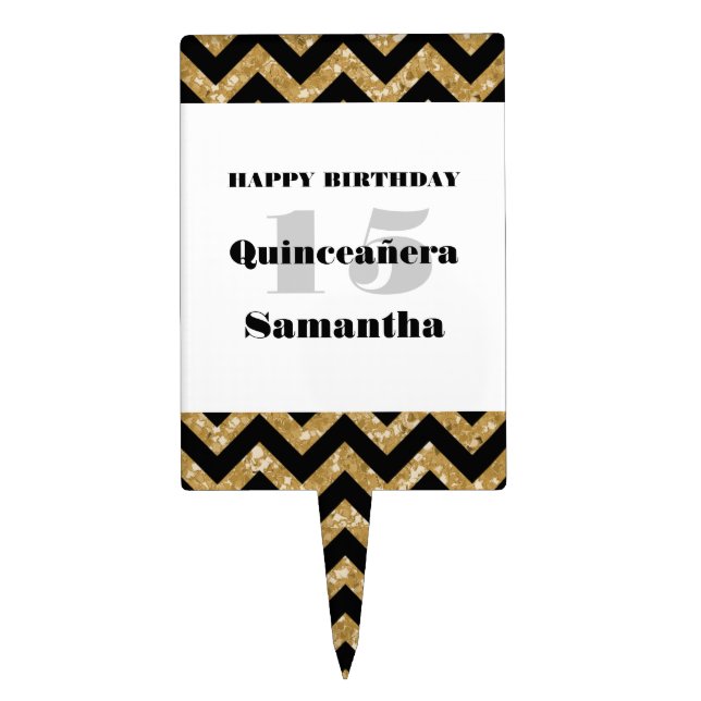 Gold Chevron Glitter Quinceañera Cake Pick (Front)