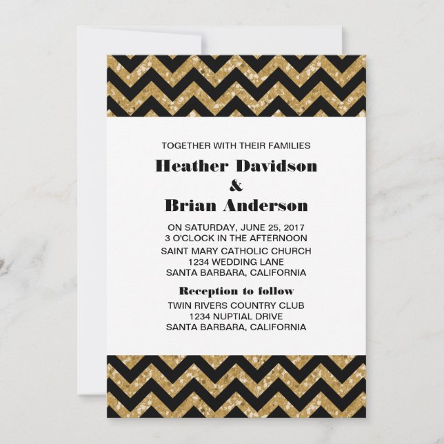 Gold Chevron Glitter Wedding Invite (Front)