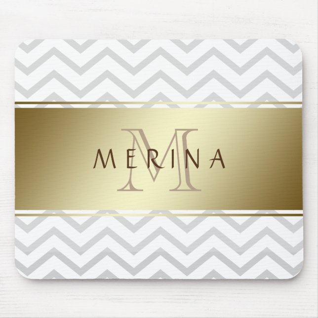 Gold Chevron Gray Pattern Monogram Personalize Mouse Pad (Front)