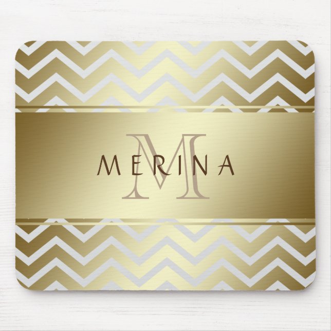 Gold Chevron Gray Pattern Monogram Personalize Mouse Pad (Front)