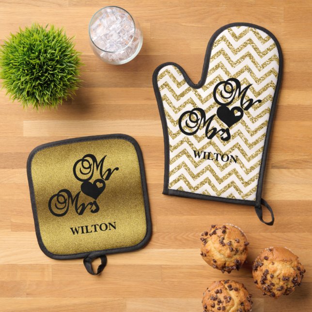 Gold Chevron Mr Mrs Hearts Monogram Golden  Oven Mitt & Pot Holder Set (Top Down)