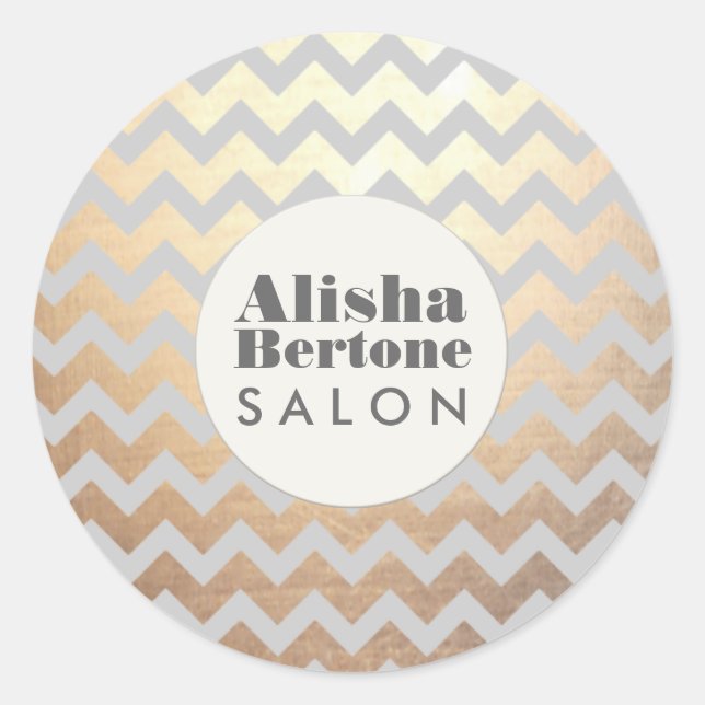Gold Chevron Pattern Gray Personalized Classic Round Sticker (Front)