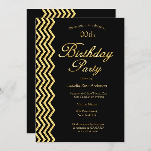 Gold Chevron stripe Black Gold Elegant Birthday Invitation