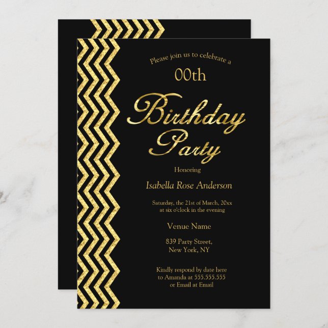 Gold Chevron stripe Black Gold Elegant Birthday Invitation (Front/Back)